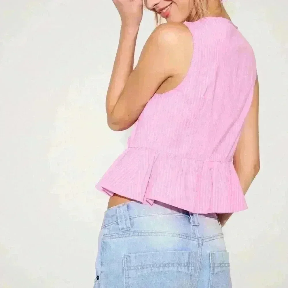 Pink Cute Women's Westfade Striped Tie Summer Front Bow Top - Picture 2 of 6